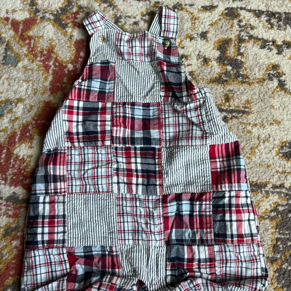 Janie and Jack Red white blue madras seersucker Plaid Patchwork Overalls